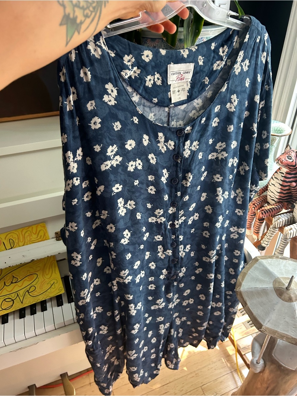 Vintage Cotton Ginny Plus Blue Floral Rayon Button Front Dress L Made Canada - Picture 7 of 15
